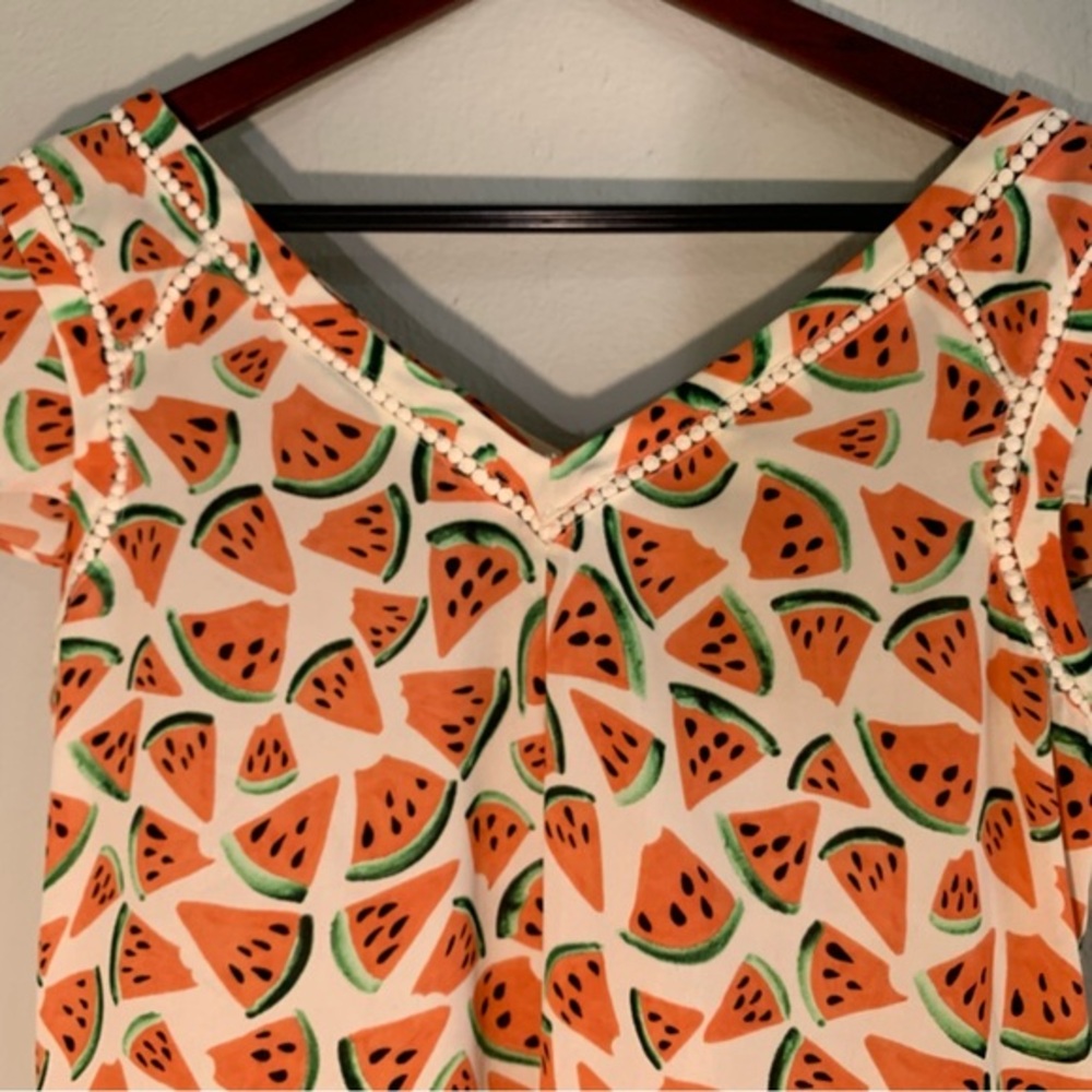 Maeve Watermelon Print Blouse | Anthropologie Pom Pom Trim Top | Size 4‎